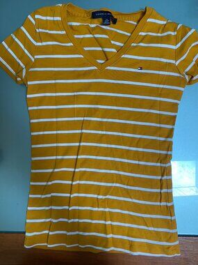 Tommy Hilfiger mustard yellow and white striped women's v-neck t-shirt